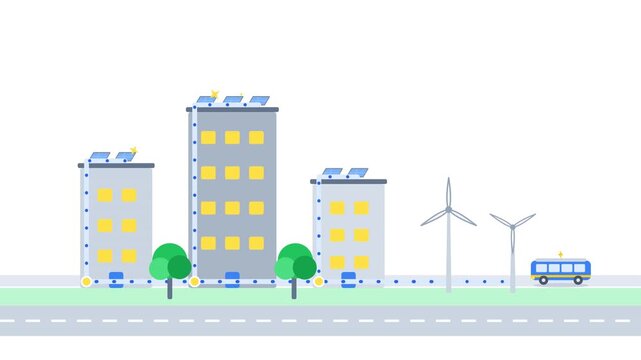 Flat illustration of a modern city featuring wind turbines solar panels and electric buses on a white background. Ideal for green energy and sustainability presentations.