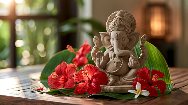 Decorative figurine of the Hindu god Ganesha surrounded by red hibiscus flowers standing on table. Indian home decor and Hinduism religion concept. Still life composition for poster