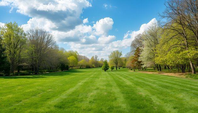 Vibrant Spring Nature Landscape with Neatly Trimmed Green Lawn, Lush Trees, Clear Blue Sky and Soft White Clouds, Serene Sunny Seasonal Outdoor Background