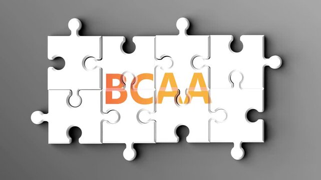 Bcaa being a complex topic - puzzle pieces with word bcaa coming together to make a whole. Bcaa made of many fitting parts, a compound subject.