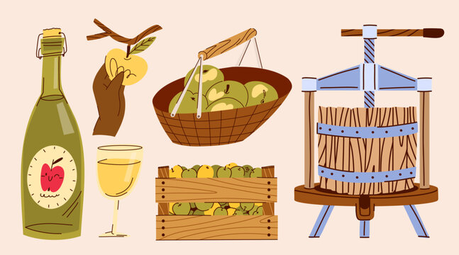 Apple Harvest and Cider Making Illustration Collection with Fruit Baskets, Wooden Crates, Traditional Apple Press, Fresh Apples and Cider Bottle for Farm Branding, Beverage Labels and Food Packaging