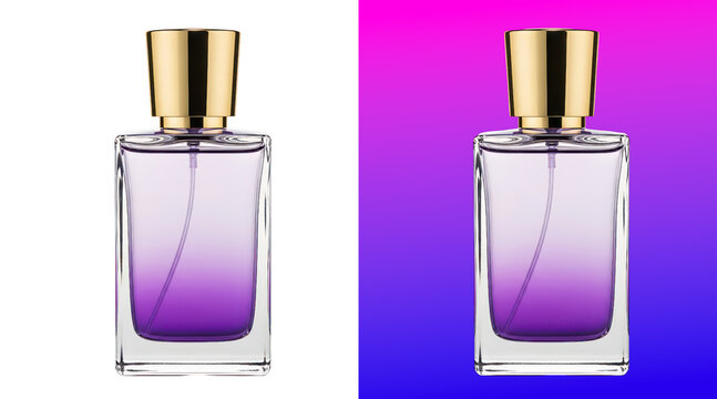 A rectangular perfume bottle with purple liquid and a gold cap on a white background isolated