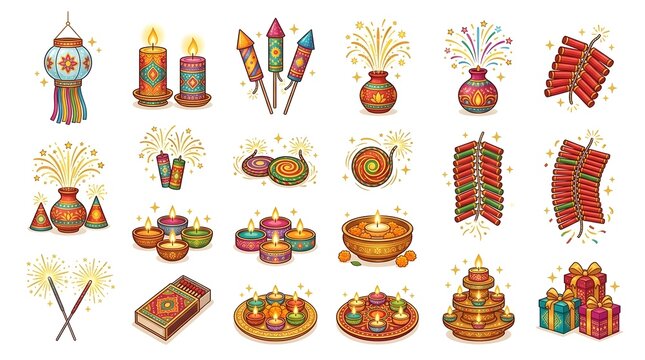 Colorful Diwali Festival Fireworks, Decorative Diyas and Traditional Celebration Clipart Collection