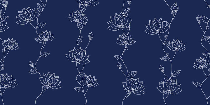 Seamless pattern with white lotus flowers on blue background