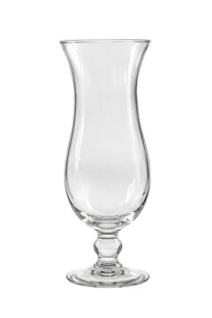 Single clear empty glass hurricane cocktail glass stands upright on a clean white background, showcasing its elegant curves and reflective surface