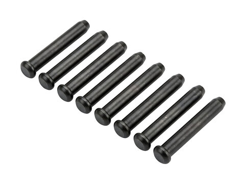 A set of eight identical black metal clevis pins arranged in a diagonal row isolated on transparent background