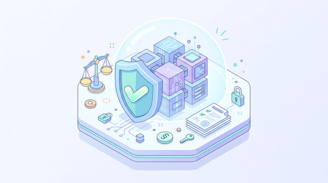 Isometric shield guarding data cubes with scales and padlocks