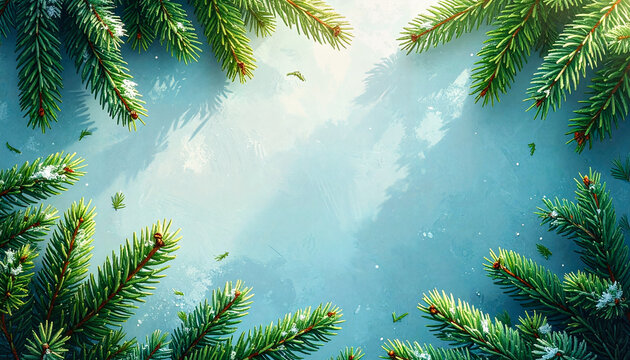 Pine branches in the corners of a light winter background, greeting card design