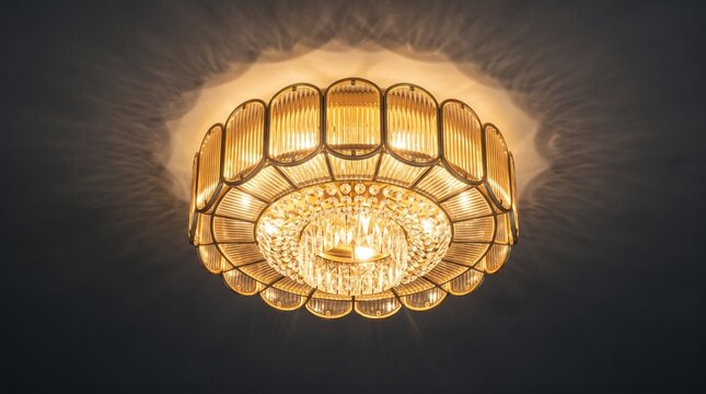 Glowing modern ceiling fixture featuring intricate ribbed glass panels and brilliant crystal elements casting warm golden illumination onto dark interior architecture surfaces during evening hours