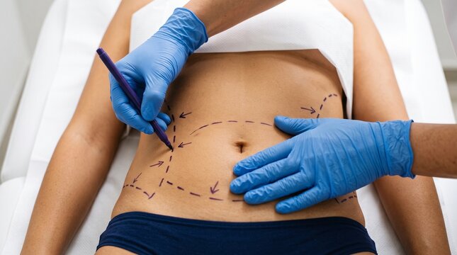 Plastic surgeon hands wearing blue medical gloves drawing dotted lines and directional arrows with purple marker on female abdomen before cosmetic surgery procedure in sterile clinic room
