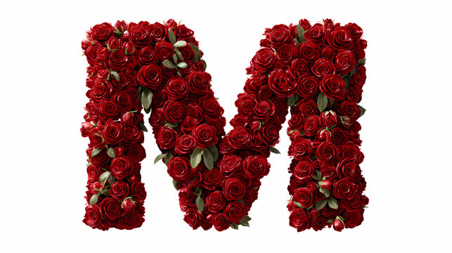 Alphabet character fashioned meticulously with deep red rose blossoms and small green leaves rests against a plain background.