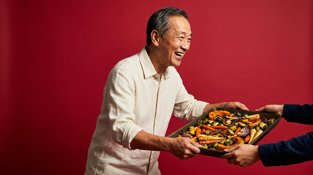 Senior Asian man with tray of roasted vegetables on red background. Happy man sharing a festive meal.