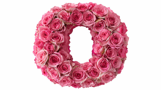 Letter shaped carefully out of delicate pink roses and soft green foliage stands centered on a pure transparent surface.