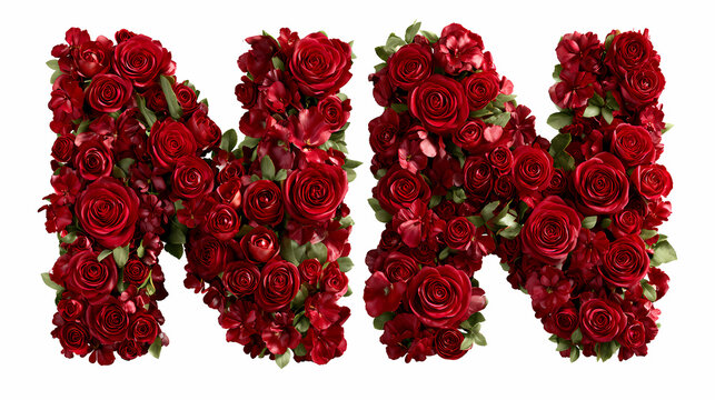Letters formed entirely by vibrant red roses and green leaves are arranged neatly side by side against a clean transparent backdrop.