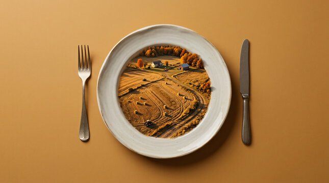 Miniature autumn farm landscape on a white plate with cutlery.