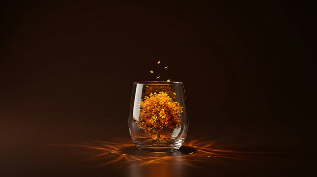Miniature autumn tree glowing inside a glass on a dark background.