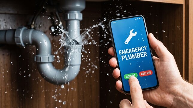 Urgent plumbing service request displayed on smartphone screen while grey plastic kitchen sink pipes leak water spraying droplets everywhere during domestic maintenance emergency needing professional 