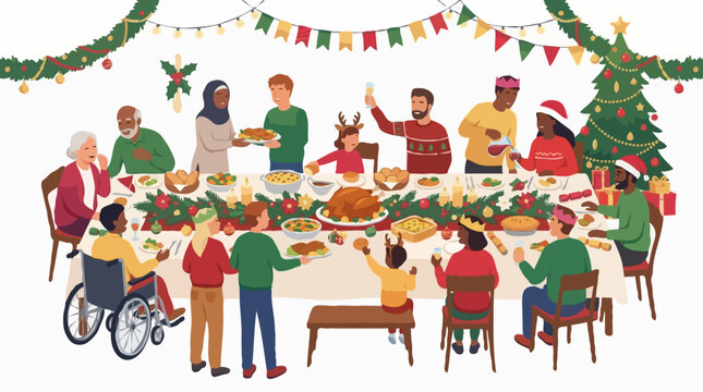 A diverse group of people gathered around a festively decorated table for a Christmas dinner. The scene is filled with warmth, joy, and the spirit of the holiday