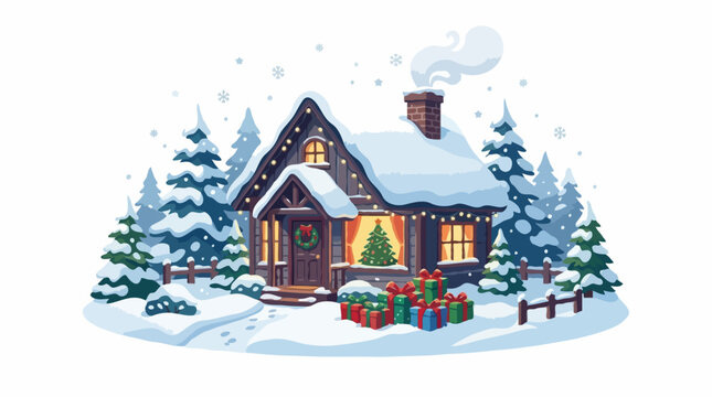 A cozy cabin nestled amongst snow-covered pine trees, illuminated by warm string lights and adorned with Christmas decorations. Gifts are piled near the entrance, and snow gently falls from the sky.