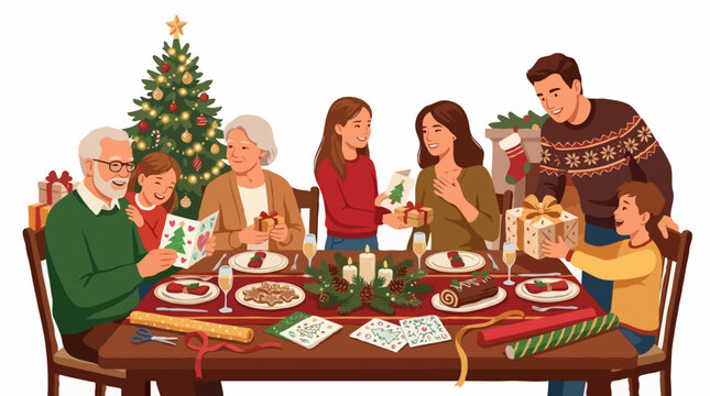 A family is celebrating Christmas around a dinner table. Gifts are exchanged while a decorated Christmas tree stands nearby