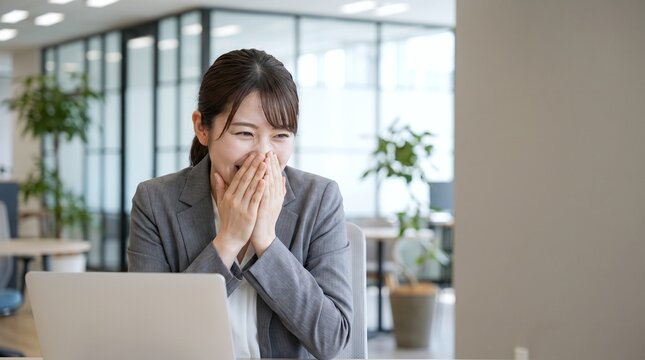 ノートPCの前で口に手を当てて歓喜する若い日本人女性社員のクローズアップ。吉報・内定・感動・成功・仕事成果・ブラウス・オフィス・広報・採用・ビジネスカジュアル