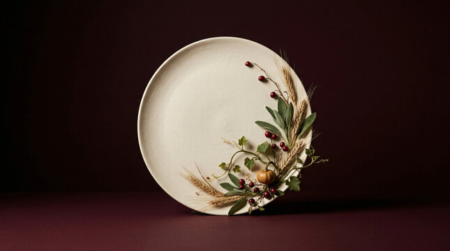 Ceramic plate with autumn vegetation on a dark burgundy background. Ideal for Thanksgiving harvest celebrations.