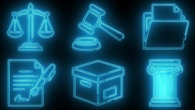 Neon Blue Legal System Justice Law and Courtroom Documents : balance scale, judge gavel, file folder, signed contract, archive box, pillar column