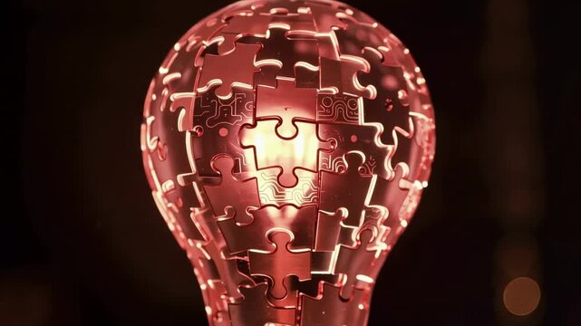 Glowing puzzle piece light bulb in warm copper tones, with camera moving closer to intricate interlocking pieces against a dark softly illuminated background