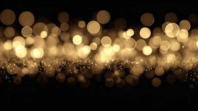 Golden bokeh circles and scattered light particles shimmering on a solid black background