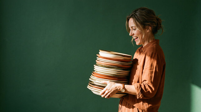 Woman balancing a stack of ceramic plates against a green wall. Happy person holding dishes with copy space.