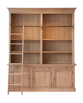 Wooden bookshelf with library ladder and cabinets