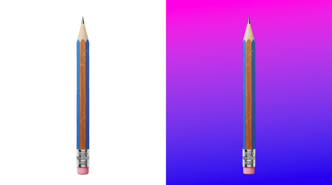 A single wooden pencil with a blue painted body and a pink eraser on a white background