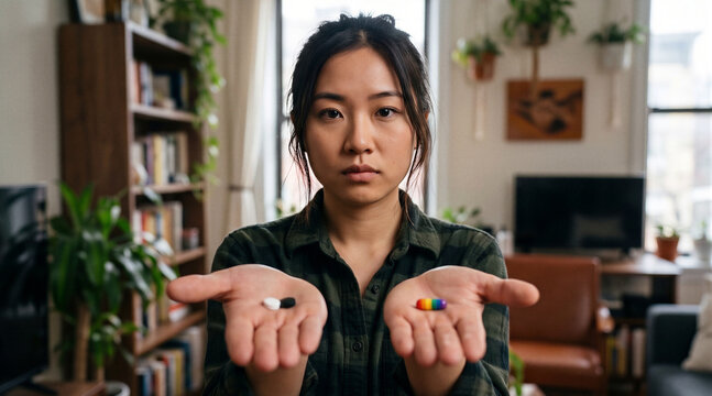 Asian woman holding lgbt rainbow pill and black white pills in open palms, sexual orientation identity choice decision and gender freedom concept