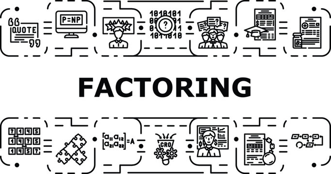 Factoring banner infographic. Variable method, algebra expansion, trinomials numbers icon vector illustration