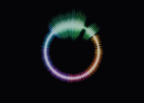Futuristic circular neon audio spectrum soundwave ring graphic on black background