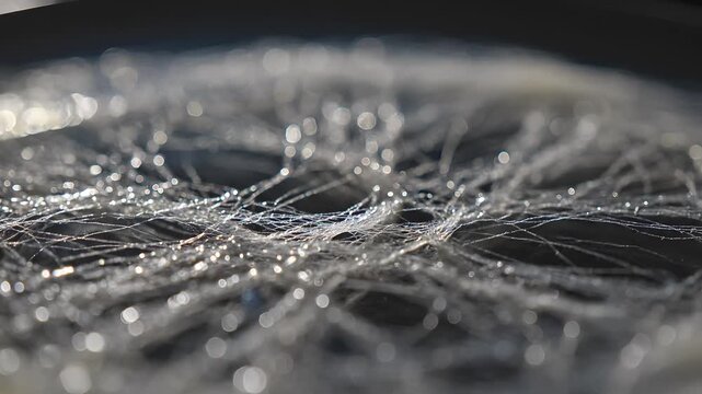 Macro shot of glowing translucent threads forming an abstract network