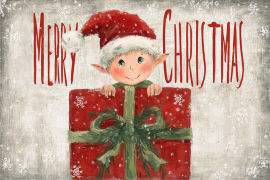 Cute Christmas elf with present and Merry Christmas text. Adorable Christmas-themed illustration featuring happy elf peeking over large wrapped present.