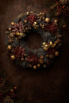 Traditional Christmas wreath on dark brown textured background