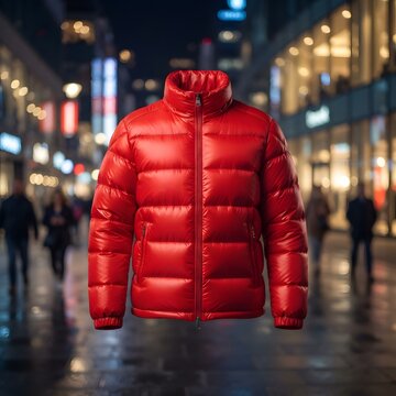Bright red puffer jacket displayed against a blurred cityscape at night with street lights