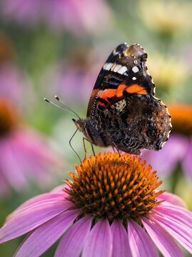 Red admiral butterfly resting on a vibrant purple coneflower in a lush summer garden