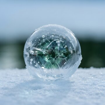 Frozen bubble with forest reflection captured in a perfect sphere of ice on a snowy day
