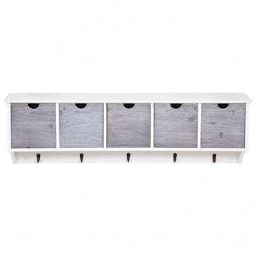 Wooden wall shelf organizer with grey drawers and hooks