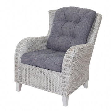Wicker armchair featuring gray cushions