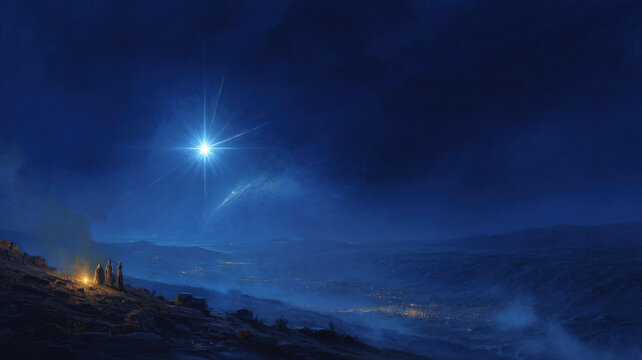 Ethereal Star of Bethlehem Over Village Landscape