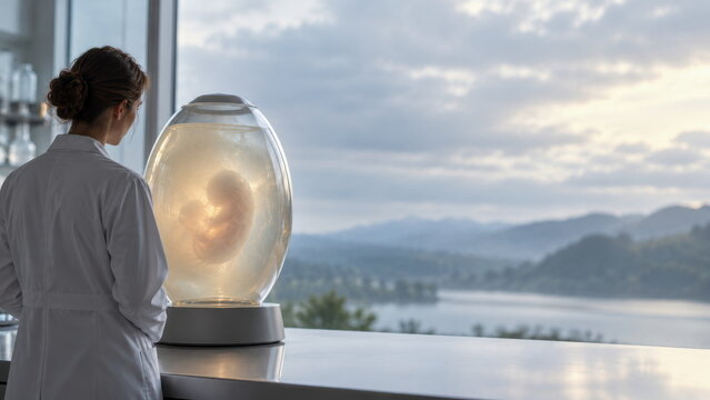 Researcher observing a glowing artificial womb concept with a fetal silhouette