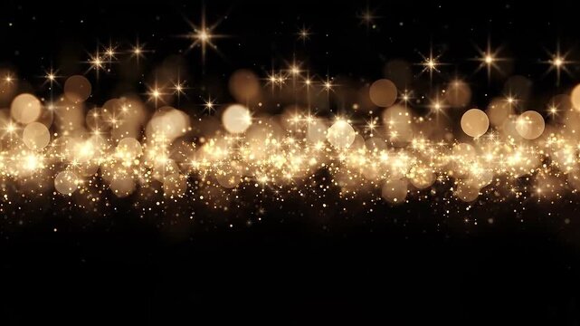Golden bokeh circles and scattered light particles shimmering on a solid black background