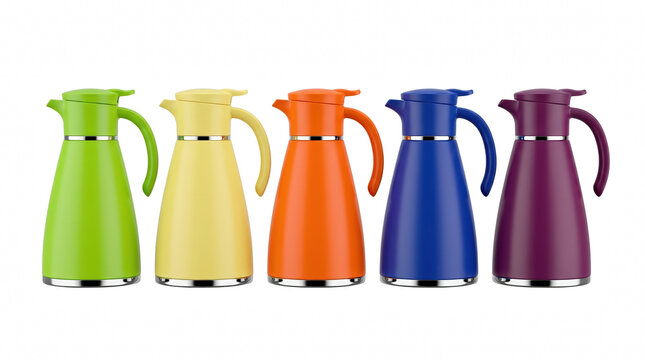 Colorful thermal carafes standing in a row
