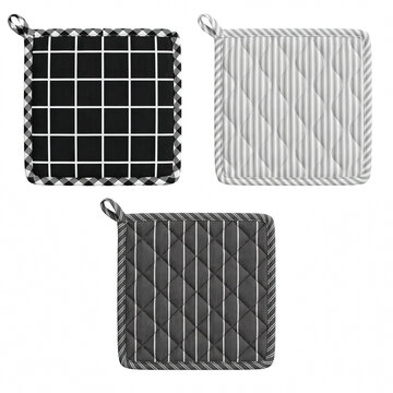 Potholders displaying geometric and striped patterns