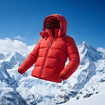 A person wearing a bright red puffy jacket stands against a backdrop of snowy mountains and blue sky