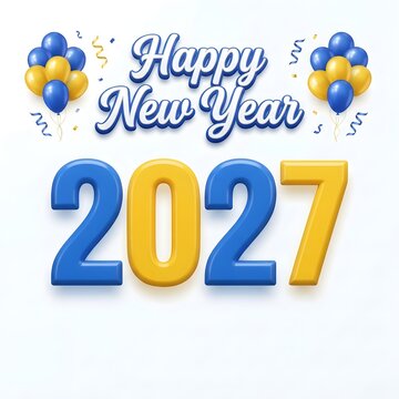 Festive happy new year 2027 greeting with colorful balloons and celebratory typography on a white background
